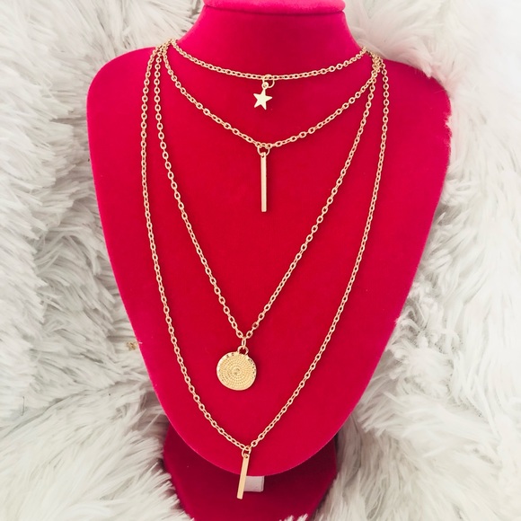Gold Multilayered Minimalist Necklace, Star, Statement, Four Layers, Boho Style - Picture 2 of 6